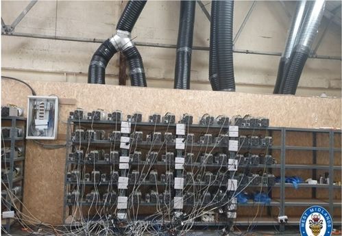 A sophisticated mining farm with rows of computers